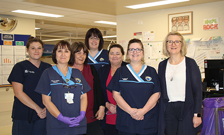 Seven women from the Rockingham General Hospital chemotherapy unit stand in a treatment area