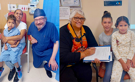 There are two photos. Left photo: an Aboriginal boy sits on an Aboriginal woman's lap while a doctor kneels beside them. Right photo: An Aboriginal Health Liaison Officer sits next to an Aboriginal woman with a child on her lap.