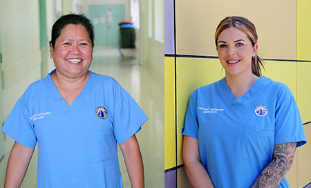 Two women wear shirts with a logo that reads Patient support services